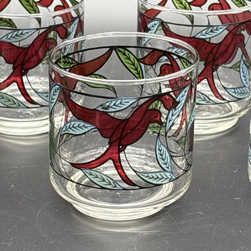 Vintage 1970s Libbey Red Bird Stained Glass Tumblers Lowball Glasses Set of 6
